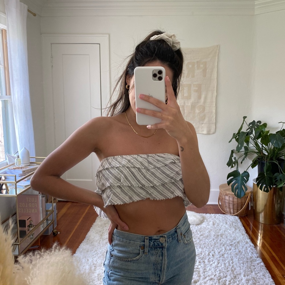 Blue life crop ruffle top